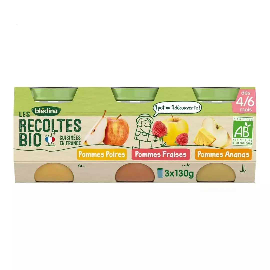 BLEDINA - LES RECOLTES BIO - Pots Pomme - Ananas - Fraise - Poire - 3x130g Lariboisière Shop