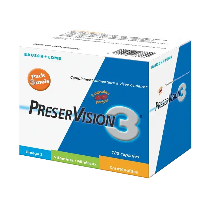 Bausch & Lomb - PRESERVISION 3 - Complément Alimentaire à visée Oculaire Pack 3 mois - 180 capsules Lariboisière Shop
