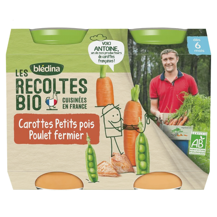 Blédina - LES RECOLTES BIO - Petits Pots Carottes Petits pois Poulet fermier Bio - Dès 6 mois, 2x200g Lariboisière Shop