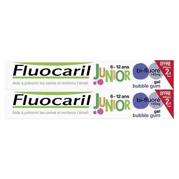 FLUOCARIL Junior Gel Bubble Gum 2 x 75 ml – Dentifrice enfants 6 à 12 ans pour les premières dents définitives Lariboisière Shop