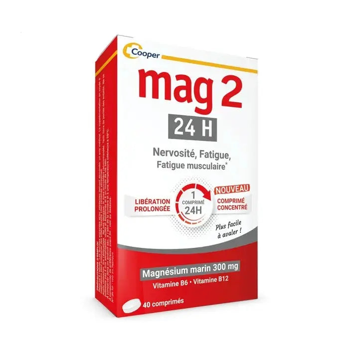 MAG 2 - 24H - Magnésium Marin - Vitamines B6 et B12 - Nervosité, Fatigue et Fatigue Musculaire - 40 Comprimés Lariboisière Shop