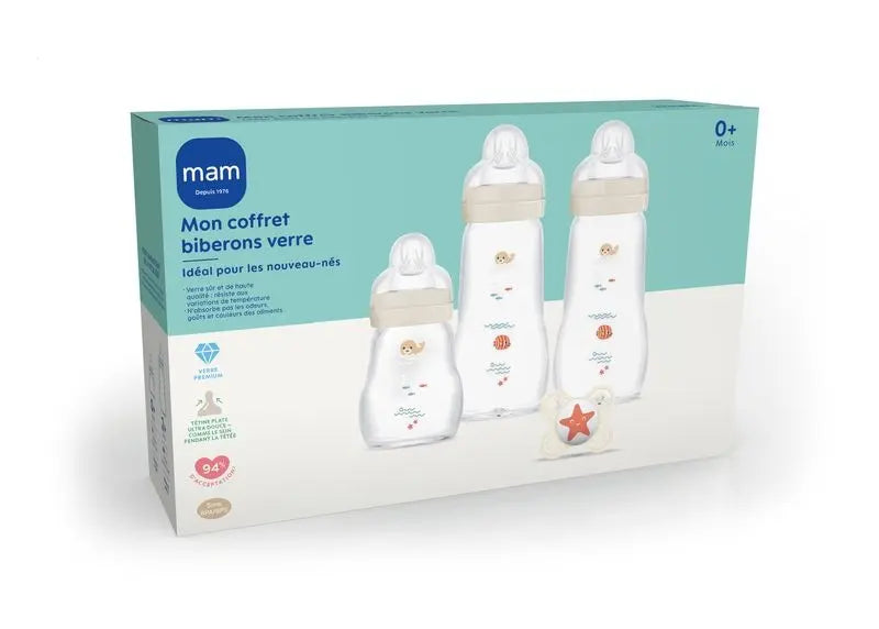 MAM Coffret avec 3 biberons en verre 170 ml et 260 ml et une sucette naissance. Lariboisière Shop