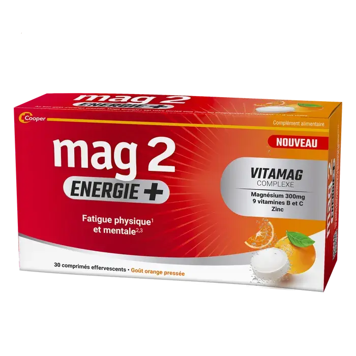 Mag 2 ENERGIE + - Complément Alimentaire - Fatigue Physique et Mentale - Goût Orange Pressée - 30 Comprimés Effervescents Lariboisière Shop