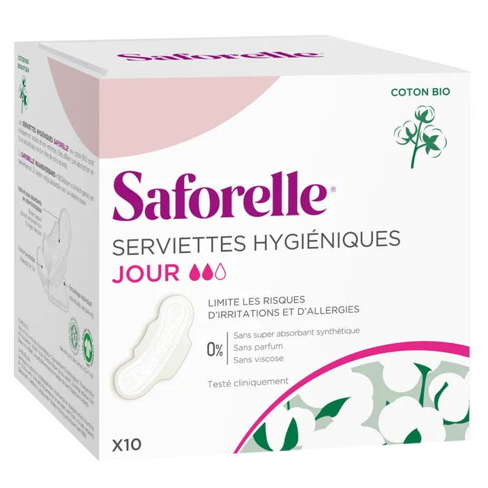Saforelle - COTON PROTECT - Serviettes Hygiéniques avec Ailettes Coton Bio - 10 Serviettes