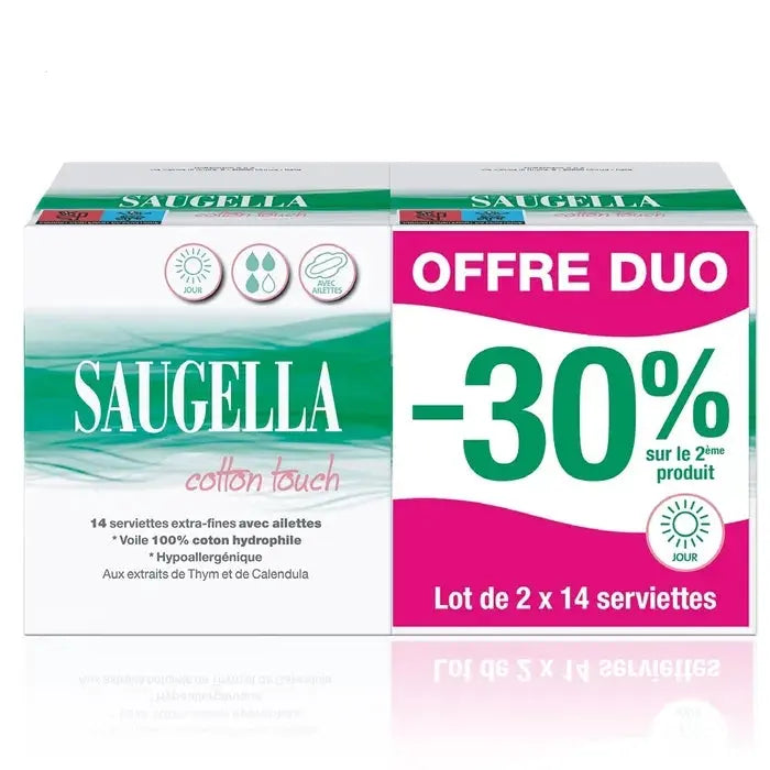 Saugella - COTTON TOUCH - Serviettes Hygiéniques Extra Fines avec Ailettes -  2x14 Serviettes Lariboisière Shop