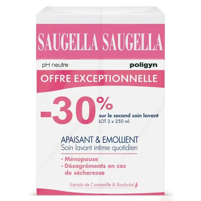 Saugella POLYGIN - Soin Lavant Intime - Apaisant et Emollient - Femmes Ménopausées - 2x250ml Lariboisière Shop